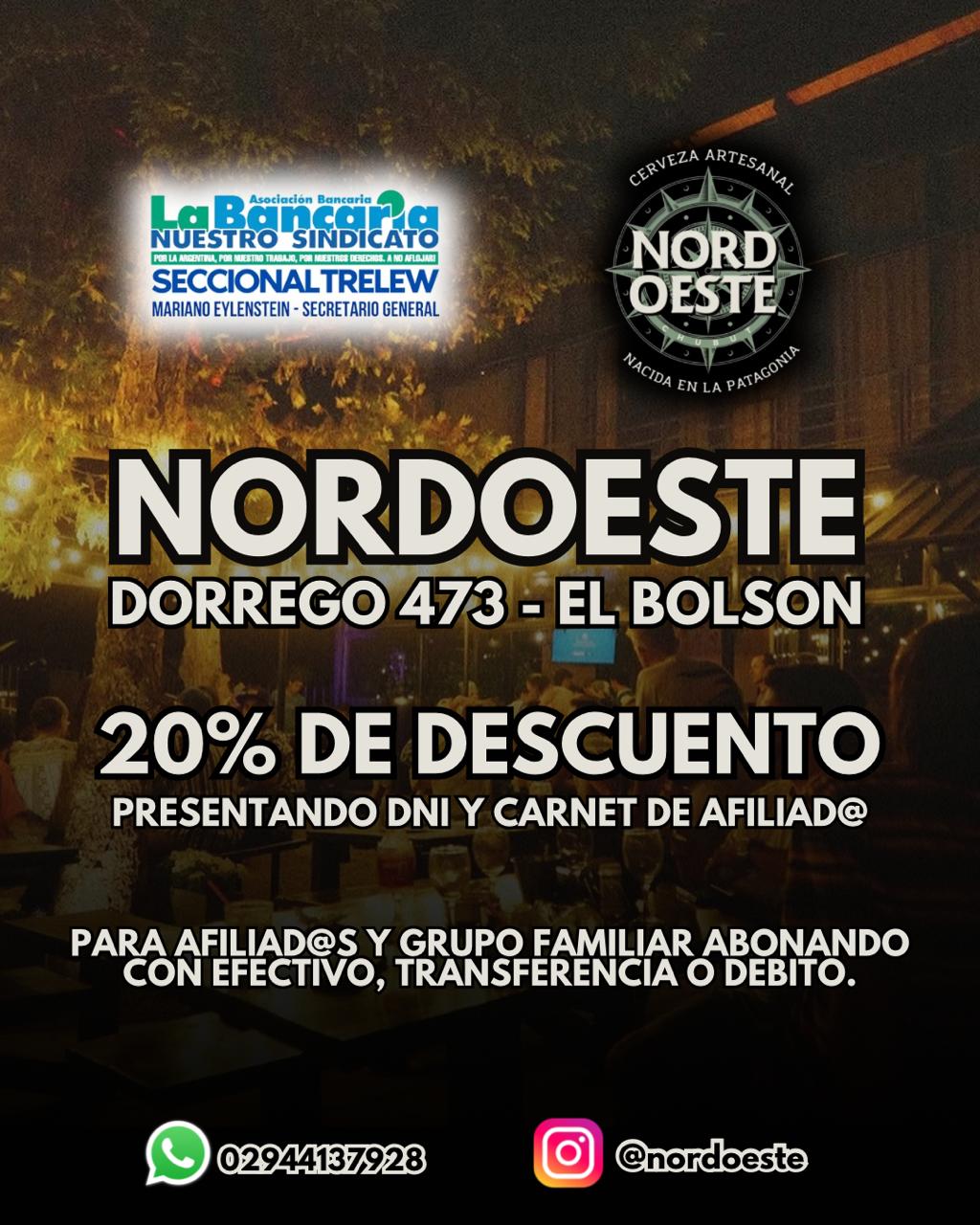 Flyer del convenio entre La Bancaria Seccional Trelew y la cervecería Nordoeste de El Bolsón, con 20% de descuento para afiliados