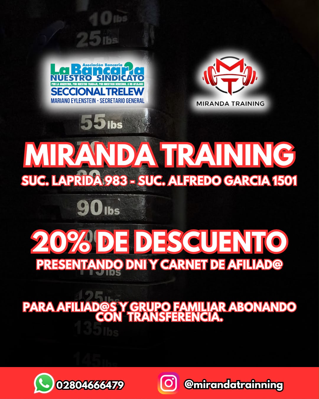  Flyer del convenio entre La Bancaria Seccional Trelew y Miranda Training, 20% de descuento por transferencia para afiliados