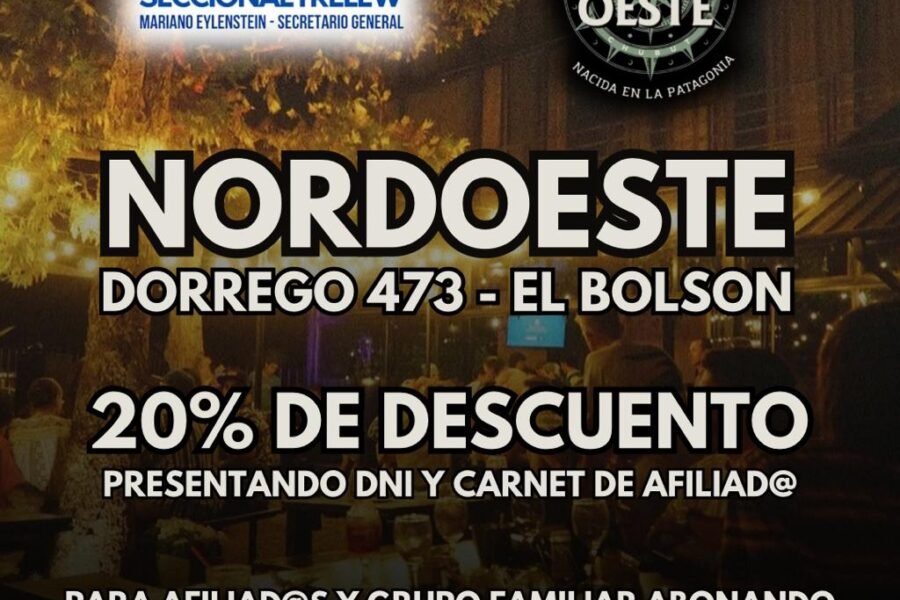 Flyer del convenio entre La Bancaria Seccional Trelew y la cervecería Nordoeste de El Bolsón, con 20% de descuento para afiliados
