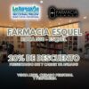 Flyer del convenio entre La Bancaria Seccional Trelew y Farmacia Esquel, 20% de descuento para afiliados