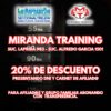 Flyer del convenio entre La Bancaria Seccional Trelew y Miranda Training, 20% de descuento por transferencia para afiliados
