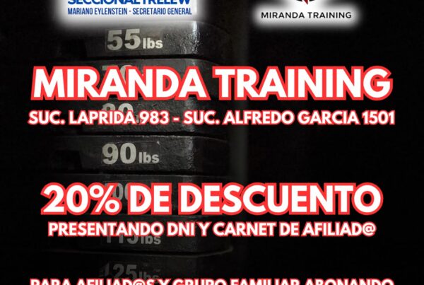 Flyer del convenio entre La Bancaria Seccional Trelew y Miranda Training, 20% de descuento por transferencia para afiliados