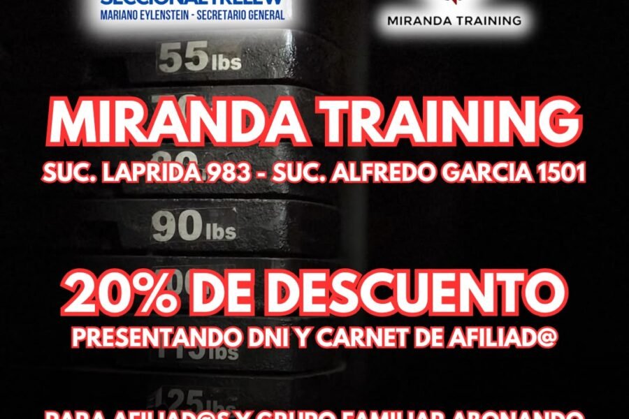 Flyer del convenio entre La Bancaria Seccional Trelew y Miranda Training, 20% de descuento por transferencia para afiliados